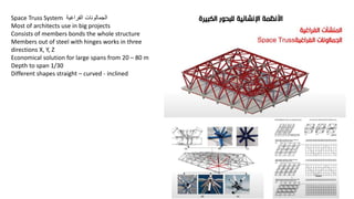 Space Truss System ‫الجمالونات‬
‫الفراغية‬
Most of architects use in big projects
Consists of members bonds the whole structure
Members out of steel with hinges works in three
directions X, Y, Z
Economical solution for large spans from 20 – 80 m
Depth to span 1/30
Different shapes straight – curved - inclined
 