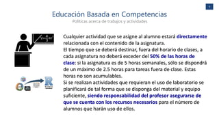 9
Educación Basada en Competencias
Políticas acerca de trabajos y actividades
Cualquier actividad que se asigne al alumno estará directamente
relacionada con el contenido de la asignatura.
El tiempo que se deberá destinar, fuera del horario de clases, a
cada asignatura no deberá exceder del 50% de las horas de
clase: si la asignatura es de 5 horas semanales, sólo se dispondrá
de un máximo de 2.5 horas para tareas fuera de clase. Estas
horas no son acumulables.
Si se realizan actividades que requieran el uso de laboratorio se
planificará de tal forma que se disponga del material y equipo
suficiente, siendo responsabilidad del profesor asegurarse de
que se cuenta con los recursos necesarios para el número de
alumnos que harán uso de ellos.
 