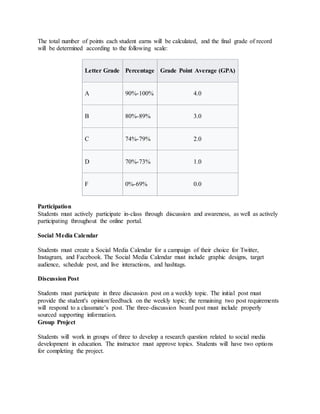 The total number of points each student earns will be calculated, and the final grade of record
will be determined according to the following scale:
Letter Grade Percentage Grade Point Average (GPA)
A 90%-100% 4.0
B 80%-89% 3.0
C 74%-79% 2.0
D 70%-73% 1.0
F 0%-69% 0.0
Participation
Students must actively participate in-class through discussion and awareness, as well as actively
participating throughout the online portal.
Social Media Calendar
Students must create a Social Media Calendar for a campaign of their choice for Twitter,
Instagram, and Facebook. The Social Media Calendar must include graphic designs, target
audience, schedule post, and live interactions, and hashtags.
Discussion Post
Students must participate in three discussion post on a weekly topic. The initial post must
provide the student's opinion/feedback on the weekly topic; the remaining two post requirements
will respond to a classmate’s post. The three-discussion board post must include properly
sourced supporting information.
Group Project
Students will work in groups of three to develop a research question related to social media
development in education. The instructor must approve topics. Students will have two options
for completing the project.
 