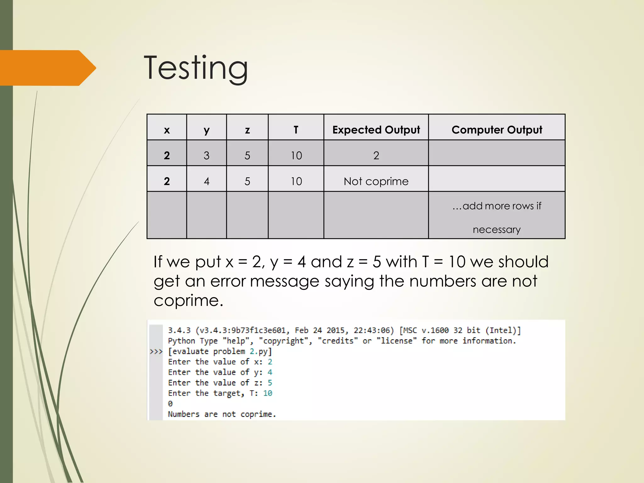 Testing
x y z T Expected Output Computer Output
2 3 5 10 2
2 4 5 10 Not coprime
…add more rows if
necessary
If we put x = 2, y = 4 and z = 5 with T = 10 we should
get an error message saying the numbers are not
coprime.
 