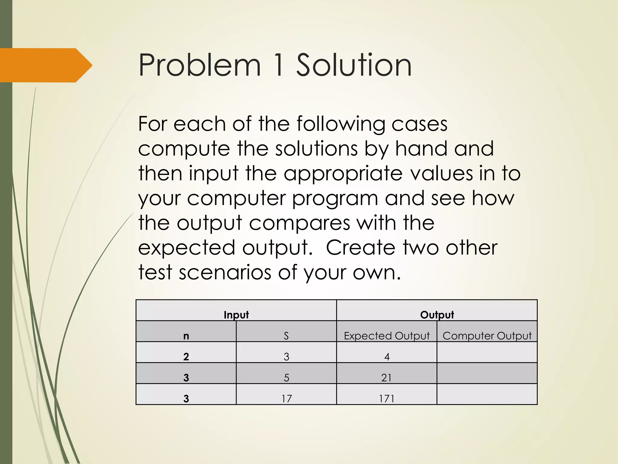 Problem 1 Solution
Input Output
n S Expected Output Computer Output
2 3 4
3 5 21
3 17 171
For each of the following cases
compute the solutions by hand and
then input the appropriate values in to
your computer program and see how
the output compares with the
expected output. Create two other
test scenarios of your own.
 