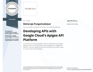 3 Courses
API Design and
Fundamentals of Google
Cloud's Apigee API Platform
API Security on Google
Cloud's Apigee API Platform
API Development on Google
Cloud's Apigee API Platform
Google Cloud Training
Oct 1, 2020
Maharaja Pungamudaiyar
has successfully completed the online, non-credit Specialization
Developing APIs with
Google Cloud's Apigee API
Platform
In this three-course specialization, learners explored how to design,
develop, secure, and publish APIs using Google Cloud's Apigee API
Platform. Learners integrated prior technical skills into practical skills
for the job role of API Developer.
The online specialization named in this certiﬁcate may draw on material from courses taught on-campus, but the included
courses are not equivalent to on-campus courses. Participation in this online specialization does not constitute enrollment
at this university. This certiﬁcate does not confer a University grade, course credit or degree, and it does not verify the
identity of the learner.
Verify this certiﬁcate at:
coursera.org/verify/specialization/5MFPS3NZSMYT
 