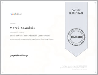 EDUCA
T
ION FOR EVE
R
YONE
CO
U
R
S
E
C E R T I F
I
C
A
TE
COURSE
CERTIFICATE
11/29/2017
Marek Kowalski
Essential Cloud Infrastructure: Core Services
an online non-credit course authorized by Google Cloud and offered through Coursera
has successfully completed
Verify at coursera.org/verify/6LWBD4DB4JCG
Coursera has confirmed the identity of this individual and
their participation in the course.
 