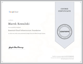 EDUCA
T
ION FOR EVE
R
YONE
CO
U
R
S
E
C E R T I F
I
C
A
TE
COURSE
CERTIFICATE
11/28/2017
Marek Kowalski
Essential Cloud Infrastructure: Foundation
an online non-credit course authorized by Google Cloud and offered through Coursera
has successfully completed
Verify at coursera.org/verify/8CEYDUBQDLQU
Coursera has confirmed the identity of this individual and
their participation in the course.
 