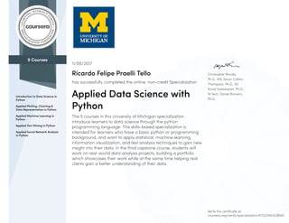 5 Courses
Introduction to Data Science in
Python
Applied Plotting, Charting &
Data Representation in Python
Applied Machine Learning in
Python
Applied Text Mining in Python
Applied Social Network Analysis
in Python
Christopher Brooks,
Ph.D., MS, Kevyn Collins-
Thompson, Ph.D., VG
Vinod Vydiswaran, Ph.D.,
M.Tech, Daniel Romero,
Ph.D.,
11/06/2017
Ricardo Felipe Praelli Tello
has successfully completed the online, non-credit Specialization
Applied Data Science with
Python
The 5 courses in this University of Michigan specialization
introduce learners to data science through the python
programming language. This skills-based specialization is
intended for learners who have a basic python or programming
background, and want to apply statistical, machine learning,
information visualization, and text analysis techniques to gain new
insight into their data. In the final capstone course, students will
work on real-world data analysis projects, building a portfolio
which showcases their work while at the same time helping real
clients gain a better understanding of their data.
Verify this certificate at:
coursera.org/verify/specialization/KFGCKWULSBWE
 