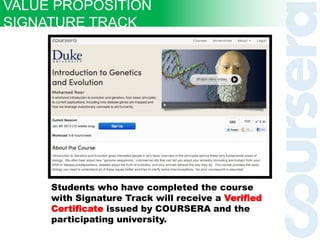 Students who have completed the course
with Signature Track will receive a Verified
Certificate issued by COURSERA and the
participating university.
VALUE PROPOSITION
SIGNATURE TRACK
 