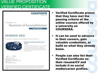  Verified Certificate proves
that they have met the
passing criteria of the
online courses offered by
a university on
COURSERA.
 It can be used to advance
in their careers, gain
valuable credentials, or
build on what they already
know.
 People can also list their
Verified Certificate on
their résumé/CV and
include it on social
media/career profiles.
VALUE PROPOSITION
VERIFIED CERTIFICATE
 