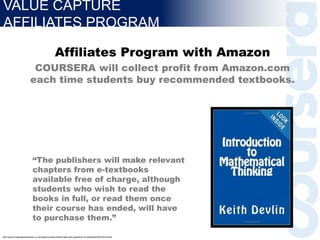 Affiliates Program with Amazon
COURSERA will collect profit from Amazon.com
each time students buy recommended textbooks.
http://www.timeshighereducation.co.uk/news/coursera-strikes-deal-with-publishers-on-textbooks/2003754.article
“The publishers will make relevant
chapters from e-textbooks
available free of charge, although
students who wish to read the
books in full, or read them once
their course has ended, will have
to purchase them.”
VALUE CAPTURE
AFFILIATES PROGRAM
 