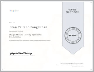 Feb 8 , 2021
Dean Taitano Pangelinan
MLOps (Machine Learning Operations)
Fundamentals
an online non-credit course authorized by Google Cloud and offered through Coursera
has successfully completed
Verify at coursera.org/verify/LEB5KN9KFAVN
  Cour ser a has confir med the identity of this individual and their
par ticipation in the cour se.
 
