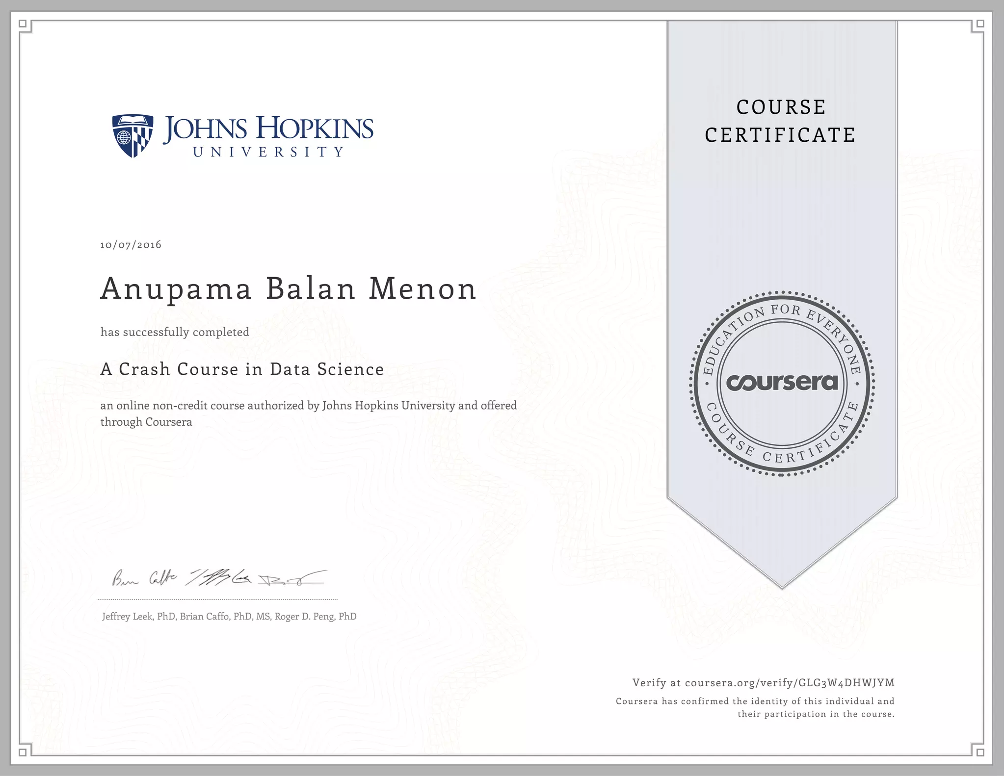 Coursera Johns Hopkins Data Science Certification "A Crash Course in Data Science" - Coursera course certificate with