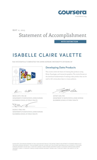 coursera.org
Statement of Accomplishment
WITH DISTINCTION
MAY 11, 2015
ISABELLE CLAIRE VALETTE
HAS SUCCESSFULLY COMPLETED THE JOHNS HOPKINS UNIVERSITY'S OFFERING OF
Developing Data Products
This course covers the basics of creating data products using
Shiny, R packages, and interactive graphics. The course focuses on
the statistical fundamentals of creating a data product that can be
used to tell a story about data to a mass audience.
BRIAN CAFFO, PHD, MS
DEPARTMENT OF BIOSTATISTICS, JOHNS HOPKINS
BLOOMBERG SCHOOL OF PUBLIC HEALTH
JEFFREY LEEK, PHD
DEPARTMENT OF BIOSTATISTICS, JOHNS HOPKINS
BLOOMBERG SCHOOL OF PUBLIC HEALTH
ROGER D. PENG, PHD
DEPARTMENT OF BIOSTATISTICS, JOHNS HOPKINS
BLOOMBERG SCHOOL OF PUBLIC HEALTH
PLEASE NOTE: THE ONLINE OFFERING OF THIS CLASS DOES NOT REFLECT THE ENTIRE CURRICULUM OFFERED TO STUDENTS ENROLLED AT
THE JOHNS HOPKINS UNIVERSITY. THIS STATEMENT DOES NOT AFFIRM THAT THIS STUDENT WAS ENROLLED AS A STUDENT AT THE JOHNS
HOPKINS UNIVERSITY IN ANY WAY. IT DOES NOT CONFER A JOHNS HOPKINS UNIVERSITY GRADE; IT DOES NOT CONFER JOHNS HOPKINS
UNIVERSITY CREDIT; IT DOES NOT CONFER A JOHNS HOPKINS UNIVERSITY DEGREE; AND IT DOES NOT VERIFY THE IDENTITY OF THE
STUDENT.
 