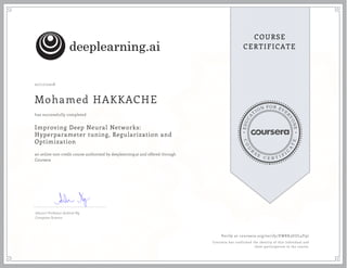 EDUCA
T
ION FOR EVE
R
YONE
CO
U
R
S
E
C E R T I F
I
C
A
TE
COURSE
CERTIFICATE
07/17/2018
Mohamed HAKKACHE
Improving Deep Neural Networks:
Hyperparameter tuning, Regularization and
Optimization
an online non-credit course authorized by deeplearning.ai and offered through
Coursera
has successfully completed
Adjunct Professor Andrew Ng
Computer Science
Verify at coursera.org/verify/EWRK3GUL4Y97
Coursera has confirmed the identity of this individual and
their participation in the course.
 