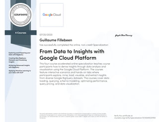 4 Courses
Exploring and Preparing your
Data with BigQuery
Creating New BigQuery
Datasets and Visualizing
Insights
Achieving Advanced Insights
with BigQuery
Applying Machine Learning to
your Data with GCP
07/20/2020
Guillaume Fillebeen
has successfully completed the online, non-credit Specialization
From Data to Insights with
Google Cloud Platform
This four-course accelerated online specialization teaches course
participants how to derive insights through data analysis and
visualization using the Google Cloud Platform. The courses
feature interactive scenarios and hands-on labs where
participants explore, mine, load, visualize, and extract insights
from diverse Google BigQuery datasets. The courses cover data
loading, querying, schema modeling, optimizing performance,
query pricing, and data visualization.
The online specialization named in this certificate may draw on material from courses taught on-campus, but the included
courses are not equivalent to on-campus courses. Participation in this online specialization does not constitute enrollment at
this university. This certificate does not confer a University grade, course credit or degree, and it does not verify the identity of
the learner.
Verify this certificate at:
coursera.org/verify/specialization/VCN3VAK52MR4
 
