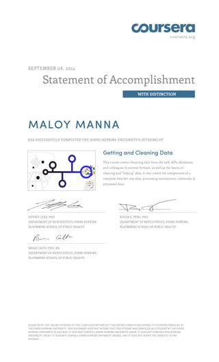 coursera.org 
Statement of Accomplishment 
WITH DISTINCTION 
SEPTEMBER 08, 2014 
MALOY MANNA 
HAS SUCCESSFULLY COMPLETED THE JOHNS HOPKINS UNIVERSITY'S OFFERING OF 
Getting and Cleaning Data 
This course covers obtaining data from the web, APIs, databases, 
and colleagues in various formats, as well as the basics of 
cleaning and “tidying” data. It also covers the components of a 
complete data set: raw data, processing instructions, codebooks, & 
processed data. 
JEFFREY LEEK, PHD 
DEPARTMENT OF BIOSTATISTICS, JOHNS HOPKINS 
BLOOMBERG SCHOOL OF PUBLIC HEALTH 
ROGER D. PENG, PHD 
DEPARTMENT OF BIOSTATISTICS, JOHNS HOPKINS 
BLOOMBERG SCHOOL OF PUBLIC HEALTH 
BRIAN CAFFO, PHD, MS 
DEPARTMENT OF BIOSTATISTICS, JOHNS HOPKINS 
BLOOMBERG SCHOOL OF PUBLIC HEALTH 
PLEASE NOTE: THE ONLINE OFFERING OF THIS CLASS DOES NOT REFLECT THE ENTIRE CURRICULUM OFFERED TO STUDENTS ENROLLED AT 
THE JOHNS HOPKINS UNIVERSITY. THIS STATEMENT DOES NOT AFFIRM THAT THIS STUDENT WAS ENROLLED AS A STUDENT AT THE JOHNS 
HOPKINS UNIVERSITY IN ANY WAY. IT DOES NOT CONFER A JOHNS HOPKINS UNIVERSITY GRADE; IT DOES NOT CONFER JOHNS HOPKINS 
UNIVERSITY CREDIT; IT DOES NOT CONFER A JOHNS HOPKINS UNIVERSITY DEGREE; AND IT DOES NOT VERIFY THE IDENTITY OF THE 
STUDENT. 
