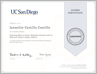 EDUCA
T
ION FOR EVE
R
YONE
CO
U
R
S
E
C E R T I F
I
C
A
TE
COURSE
CERTIFICATE
FEBRUARY 13, 2016
Janseilin Castillo Castillo
Learning How to Learn: Powerful mental tools to
help you master tough subjects
an online non-credit course authorized by University of California, San Diego and
offered through Coursera
has successfully completed
Barb Oakley Terry Sejnowski
Verify at coursera.org/verify/L8W22ZG9EWTA
Coursera has confirmed the identity of this individual and
their participation in the course.
 