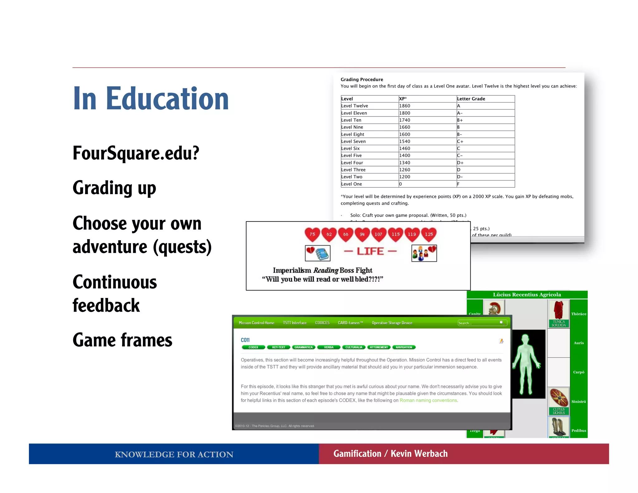 In Education
FourSquare.edu?
Grading up
Choose your own
adventure (quests)
Continuous
feedback
Game frames




     KNOWLEDGE FOR ACTION   Gamiﬁcation / Kevin Werbach
 