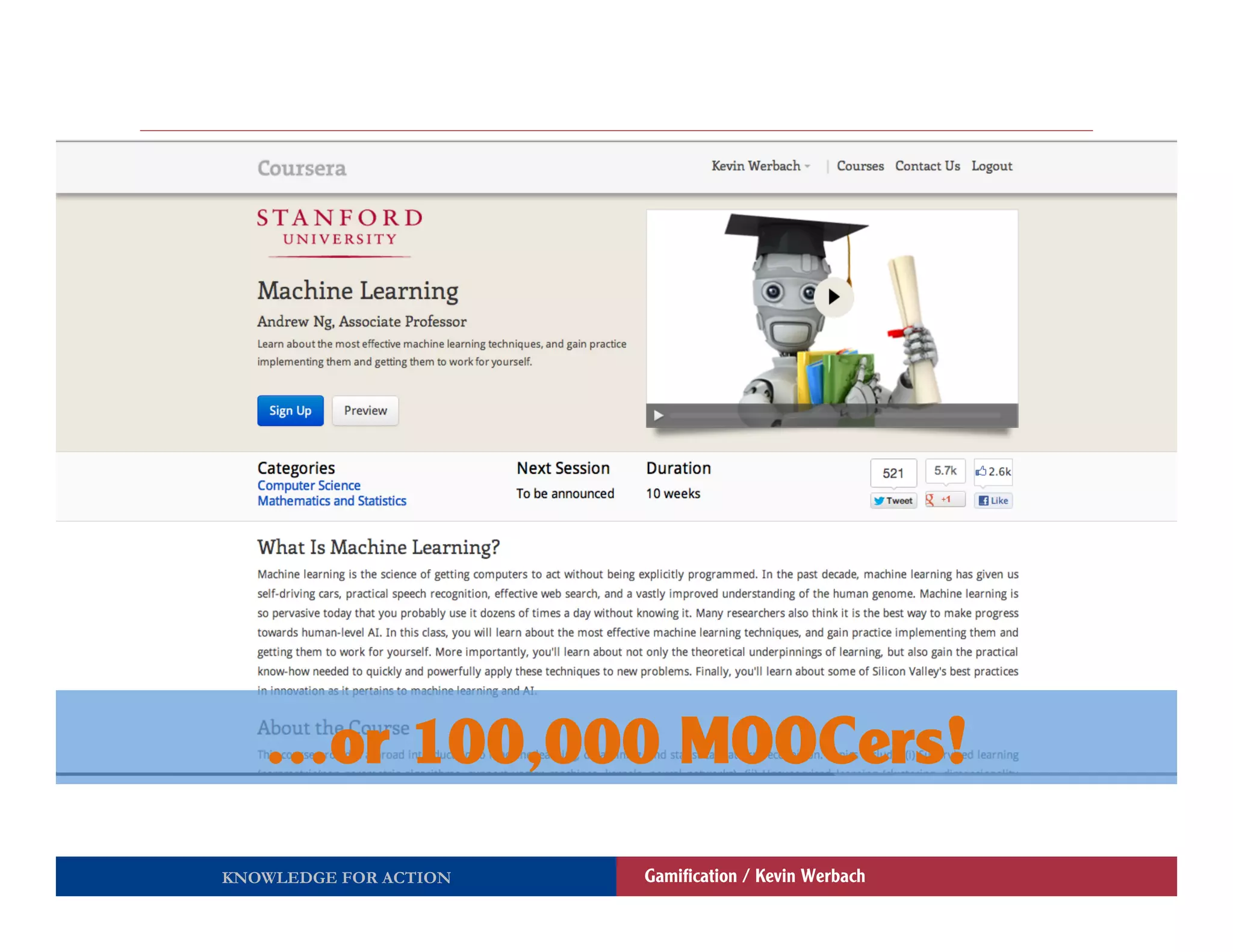 …or 100,000 MOOCers!
KNOWLEDGE FOR ACTION   Gamiﬁcation / Kevin Werbach
 