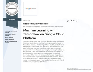 5 Courses
How Google does Machine
Learning
Launching into Machine
Learning
Intro to TensorFlow
Feature Engineering
Art and Science of Machine
Learning
09/15/2018
Ricardo Felipe Praelli Tello
has successfully completed the online, non-credit Specialization
Machine Learning with
TensorFlow on Google Cloud
Platform
This five-course online specialization teaches course participants
how to write distributed machine learning models that scale in
Tensorflow, scale out the training of those models. and offer high-
performance predictions. Also featured is the conversion of raw
data to features in a way that allows ML to learn important
characteristics from the data and bring human insight to bear on
the problem. It also teaches how to incorporate the right mix of
parameters that yields accurate, generalized models and
knowledge of the theory to solve specific types of ML problems.
Course participants experimented with end-to-end ML, starting
from building an ML-focused strategy and progressing into
model training, optimization, and productionalization with hands-
on labs using Google Cloud Platform.
Verify this certificate at:
coursera.org/verify/specialization/BW8TXFY4SPME
 