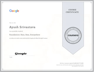 Sep 23, 2021
Ayush Srivastava
Foundations: Data, Data, Everywhere
an online non-credit course authorized by Google and offered through Coursera
has successfully completed
Google
Verify at coursera.org/verify/MK3NGYT72D8B
  Cour ser a has confir med the identity of this individual and their
par ticipation in the cour se.
 
