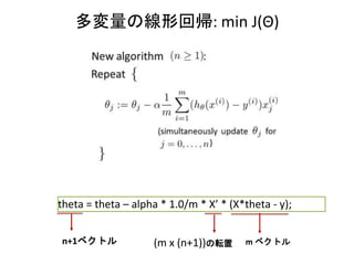 多変量の線形回帰: min J(Θ)
theta = theta – alpha * 1.0/m * X’ * (X*theta - y);
(m x (n+1))の転置 m ベクトルn+1ベクトル
 