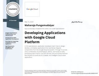 4 Courses
Google Cloud Platform
Fundamentals: Core
Infrastructure
Getting Started With
Application Development
Securing and Integrating
Components of your
Application
App Deployment,
Debugging, and
Performance
May 16, 2020
Maharaja Pungamudaiyar
has successfully completed the online, non-credit Specialization
Developing Applications
with Google Cloud
Platform
In this specialization, application developers learn how to design,
develop, and deploy applications that seamlessly integrate
components from the Google Cloud ecosystem. Through 4 courses
and a combination of presentations, demos, and hands-on labs,
participants learn how to use GCP services and pre-trained machine
learning APIs to build secure, scalable, and intelligent cloud-native
applications.
The online specialization named in this certiﬁcate may draw on material from courses taught on-campus, but the included
courses are not equivalent to on-campus courses. Participation in this online specialization does not constitute enrollment
at this university. This certiﬁcate does not confer a University grade, course credit or degree, and it does not verify the
identity of the learner.
Verify this certiﬁcate at:
coursera.org/verify/specialization/MU2M6BYKYXEF
 