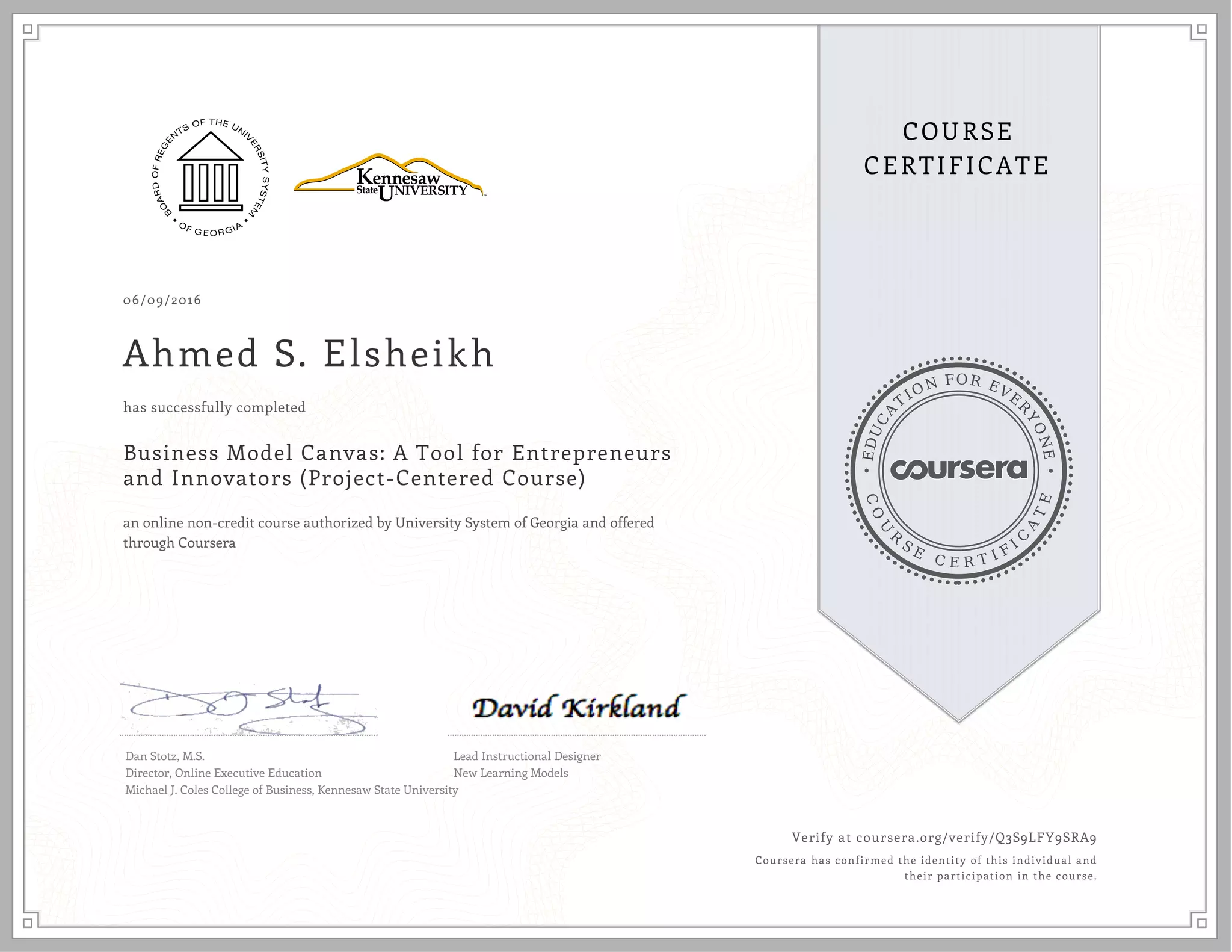 Business Model Canvas Kennesaw State University (Coursera Course, 2016