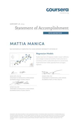 coursera.org
Statement of Accomplishment
WITH DISTINCTION
JANUARY 08, 2015
MATTIA MANICA
HAS SUCCESSFULLY COMPLETED THE JOHNS HOPKINS UNIVERSITY'S OFFERING OF
Regression Models
Students learn how to fit regression models, interpret coefficients,
and investigate residuals and variability. Students also learn to
use dummy variables, multivariable adjustment, and extensions
to generalized linear models, especially Poisson and logistic
regression.
BRIAN CAFFO, PHD, MS
DEPARTMENT OF BIOSTATISTICS, JOHNS HOPKINS
BLOOMBERG SCHOOL OF PUBLIC HEALTH
ROGER D. PENG, PHD
DEPARTMENT OF BIOSTATISTICS, JOHNS HOPKINS
BLOOMBERG SCHOOL OF PUBLIC HEALTH
JEFFREY LEEK, PHD
DEPARTMENT OF BIOSTATISTICS, JOHNS HOPKINS
BLOOMBERG SCHOOL OF PUBLIC HEALTH
PLEASE NOTE: THE ONLINE OFFERING OF THIS CLASS DOES NOT REFLECT THE ENTIRE CURRICULUM OFFERED TO STUDENTS ENROLLED AT
THE JOHNS HOPKINS UNIVERSITY. THIS STATEMENT DOES NOT AFFIRM THAT THIS STUDENT WAS ENROLLED AS A STUDENT AT THE JOHNS
HOPKINS UNIVERSITY IN ANY WAY. IT DOES NOT CONFER A JOHNS HOPKINS UNIVERSITY GRADE; IT DOES NOT CONFER JOHNS HOPKINS
UNIVERSITY CREDIT; IT DOES NOT CONFER A JOHNS HOPKINS UNIVERSITY DEGREE; AND IT DOES NOT VERIFY THE IDENTITY OF THE
STUDENT.
 