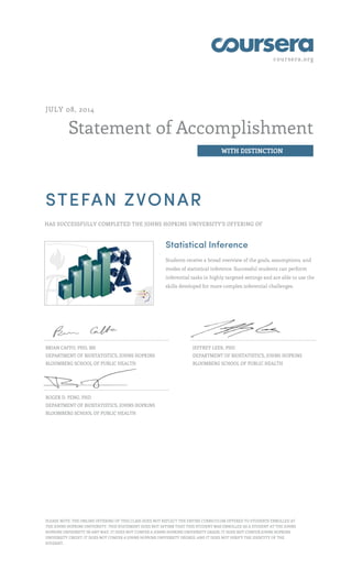 coursera.org
Statement of Accomplishment
WITH DISTINCTION
JULY 08, 2014
STEFAN ZVONAR
HAS SUCCESSFULLY COMPLETED THE JOHNS HOPKINS UNIVERSITY'S OFFERING OF
Statistical Inference
Students receive a broad overview of the goals, assumptions, and
modes of statistical inference. Successful students can perform
inferential tasks in highly targeted settings and are able to use the
skills developed for more complex inferential challenges.
BRIAN CAFFO, PHD, MS
DEPARTMENT OF BIOSTATISTICS, JOHNS HOPKINS
BLOOMBERG SCHOOL OF PUBLIC HEALTH
JEFFREY LEEK, PHD
DEPARTMENT OF BIOSTATISTICS, JOHNS HOPKINS
BLOOMBERG SCHOOL OF PUBLIC HEALTH
ROGER D. PENG, PHD
DEPARTMENT OF BIOSTATISTICS, JOHNS HOPKINS
BLOOMBERG SCHOOL OF PUBLIC HEALTH
PLEASE NOTE: THE ONLINE OFFERING OF THIS CLASS DOES NOT REFLECT THE ENTIRE CURRICULUM OFFERED TO STUDENTS ENROLLED AT
THE JOHNS HOPKINS UNIVERSITY. THIS STATEMENT DOES NOT AFFIRM THAT THIS STUDENT WAS ENROLLED AS A STUDENT AT THE JOHNS
HOPKINS UNIVERSITY IN ANY WAY. IT DOES NOT CONFER A JOHNS HOPKINS UNIVERSITY GRADE; IT DOES NOT CONFER JOHNS HOPKINS
UNIVERSITY CREDIT; IT DOES NOT CONFER A JOHNS HOPKINS UNIVERSITY DEGREE; AND IT DOES NOT VERIFY THE IDENTITY OF THE
STUDENT.
 