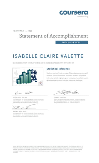 coursera.org
Statement of Accomplishment
WITH DISTINCTION
FEBRUARY 11, 2015
ISABELLE CLAIRE VALETTE
HAS SUCCESSFULLY COMPLETED THE JOHNS HOPKINS UNIVERSITY'S OFFERING OF
Statistical Inference
Students receive a broad overview of the goals, assumptions, and
modes of statistical inference. Successful students can perform
inferential tasks in highly targeted settings and are able to use the
skills developed for more complex inferential challenges.
BRIAN CAFFO, PHD, MS
DEPARTMENT OF BIOSTATISTICS, JOHNS HOPKINS
BLOOMBERG SCHOOL OF PUBLIC HEALTH
JEFFREY LEEK, PHD
DEPARTMENT OF BIOSTATISTICS, JOHNS HOPKINS
BLOOMBERG SCHOOL OF PUBLIC HEALTH
ROGER D. PENG, PHD
DEPARTMENT OF BIOSTATISTICS, JOHNS HOPKINS
BLOOMBERG SCHOOL OF PUBLIC HEALTH
PLEASE NOTE: THE ONLINE OFFERING OF THIS CLASS DOES NOT REFLECT THE ENTIRE CURRICULUM OFFERED TO STUDENTS ENROLLED AT
THE JOHNS HOPKINS UNIVERSITY. THIS STATEMENT DOES NOT AFFIRM THAT THIS STUDENT WAS ENROLLED AS A STUDENT AT THE JOHNS
HOPKINS UNIVERSITY IN ANY WAY. IT DOES NOT CONFER A JOHNS HOPKINS UNIVERSITY GRADE; IT DOES NOT CONFER JOHNS HOPKINS
UNIVERSITY CREDIT; IT DOES NOT CONFER A JOHNS HOPKINS UNIVERSITY DEGREE; AND IT DOES NOT VERIFY THE IDENTITY OF THE
STUDENT.
 