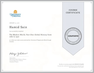 EDUCA
T
ION FOR EVE
R
YONE
CO
U
R
S
E
C E R T I F
I
C
A
TE
COURSE
CERTIFICATE
JANUARY 02, 2016
Hamid Sain
The Modern World, Part One: Global History from
1760 to 1910
an online non-credit course authorized by University of Virginia and offered through
Coursera
has successfully completed
Philip Zelikow
White Burkett Miller Professor of History
Corcoran Department of History
University of Virginia
Verify at coursera.org/verify/VMUKPCUD5QPM
Coursera has confirmed the identity of this individual and
their participation in the course.
 