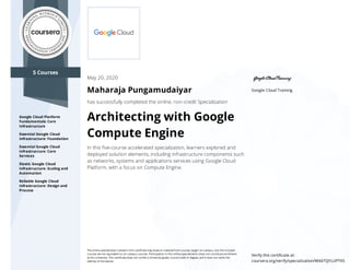 5 Courses
Google Cloud Platform
Fundamentals: Core
Infrastructure
Essential Google Cloud
Infrastructure: Foundation
Essential Google Cloud
Infrastructure: Core
Services
Elastic Google Cloud
Infrastructure: Scaling and
Automation
Reliable Google Cloud
Infrastructure: Design and
Process
Google Cloud Training
May 20, 2020
Maharaja Pungamudaiyar
has successfully completed the online, non-credit Specialization
Architecting with Google
Compute Engine
In this ﬁve-course accelerated specialization, learners explored and
deployed solution elements, including infrastructure components such
as networks, systems and applications services using Google Cloud
Platform, with a focus on Compute Engine.
The online specialization named in this certiﬁcate may draw on material from courses taught on-campus, but the included
courses are not equivalent to on-campus courses. Participation in this online specialization does not constitute enrollment
at this university. This certiﬁcate does not confer a University grade, course credit or degree, and it does not verify the
identity of the learner.
Verify this certiﬁcate at:
coursera.org/verify/specialization/W447QYLUPTKS
 