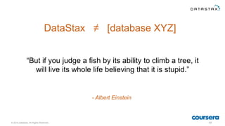 DataStax ≠ [database XYZ]
© 2015 DataStax, All Rights Reserved. 19
- Albert Einstein
“But if you judge a fish by its ability to climb a tree, it
will live its whole life believing that it is stupid.”
 