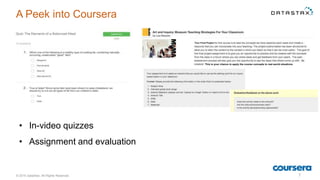 © 2015 DataStax, All Rights Reserved. 7
A Peek into Coursera
Your Final Project
This is your chance to apply the course concepts to real-world situations
• In-video quizzes
• Assignment and evaluation
 