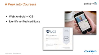 © 2015 DataStax, All Rights Reserved. 8
A Peek into Coursera
• Web, Android + iOS
• Identify verified certificate
 