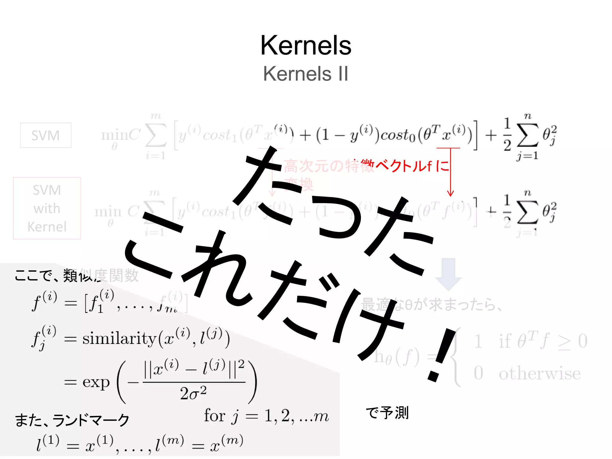 Kernels
Kernels II
SVM
SVM
with
Kernel
高次元の特徴ベクトルf に
変換
ここで、類似度関数
また、ランドマーク
最適なθが求まったら、
で予測
 