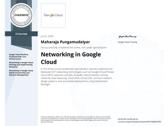 3 Courses
Google Cloud Platform
Fundamentals: Core
Infrastructure
Networking in Google Cloud:
Deﬁning and Implementing
Networks
Networking in Google Cloud:
Hybrid Connectivity and
Network Management
Google Cloud Training
Jul 23, 2020
Maharaja Pungamudaiyar
has successfully completed the online, non-credit Specialization
Networking in Google
Cloud
In this three-course accelerated specialization, learners explored and
deployed GCP networking technologies, such as Google Virtual Private
Cloud (VPC) networks, subnets, ﬁrewalls; interconnection among
networks; load balancing; Cloud DNS; Cloud CDN; common network
design patterns and automated deployments using Deployment
Manager.
The online specialization named in this certiﬁcate may draw on material from courses taught on-campus, but the included
courses are not equivalent to on-campus courses. Participation in this online specialization does not constitute enrollment
at this university. This certiﬁcate does not confer a University grade, course credit or degree, and it does not verify the
identity of the learner.
Verify this certiﬁcate at:
coursera.org/verify/specialization/ZAY3KJMKLDB4
 