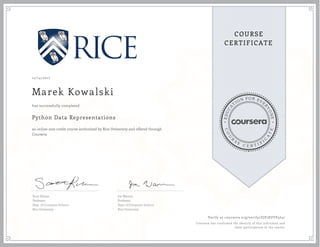 EDUCA
T
ION FOR EVE
R
YONE
CO
U
R
S
E
C E R T I F
I
C
A
TE
COURSE
CERTIFICATE
12/14/2017
Marek Kowalski
Python Data Representations
an online non-credit course authorized by Rice University and offered through
Coursera
has successfully completed
Scott Rixner
Professor
Dept. of Computer Science
Rice University
Joe Warren
Professor
Dept. of Computer Science
Rice University
Verify at coursera.org/verify/ZJP28UYE5J47
Coursera has confirmed the identity of this individual and
their participation in the course.
 