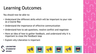 Learning Outcomes
You should now be able to:
• Understand the different skills which will be important to your role
as a Course Rep
• Understand the importance of effective communication
• Understand how to ask questions, resolve conflict and negotiate
• Have an idea of how to gather feedback, and understand why it is
important to close the feedback loop
• Explain why Liberation is important
 