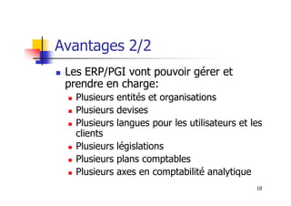 Avantages 2/2
 Les ERP/PGI vont pouvoir gérer et
prendre en charge:
 Plusieurs entités et organisations
10
 Plusieurs devises
 Plusieurs langues pour les utilisateurs et les
clients
 Plusieurs législations
 Plusieurs plans comptables
 Plusieurs axes en comptabilité analytique
 