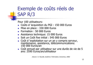 Exemple de coûts réels de
SAP R/3
Pour 100 utilisateurs:
 Coûts d ’acquisition du PGI : 150 000 Euros
 Mise en place : 330 000 Euros
 Formation : 50 000 Euros
13
Formation : 50 000 Euros
 Assistance technique: 15 000 Euros
 Soit un Coût fixe initial : 545 000 Euros
 Coût d ’exploitation sur un an y compris serveur,
maintenance, assistance, télécommunications:
150 000 Euros/an
 Coût annuel par utilisateur sur une durée de vie de 5
ans: 2590 Euros/an/utilisateur
(Source: J-L Paucelle, Système d ’information, Economica, 2008)
 
