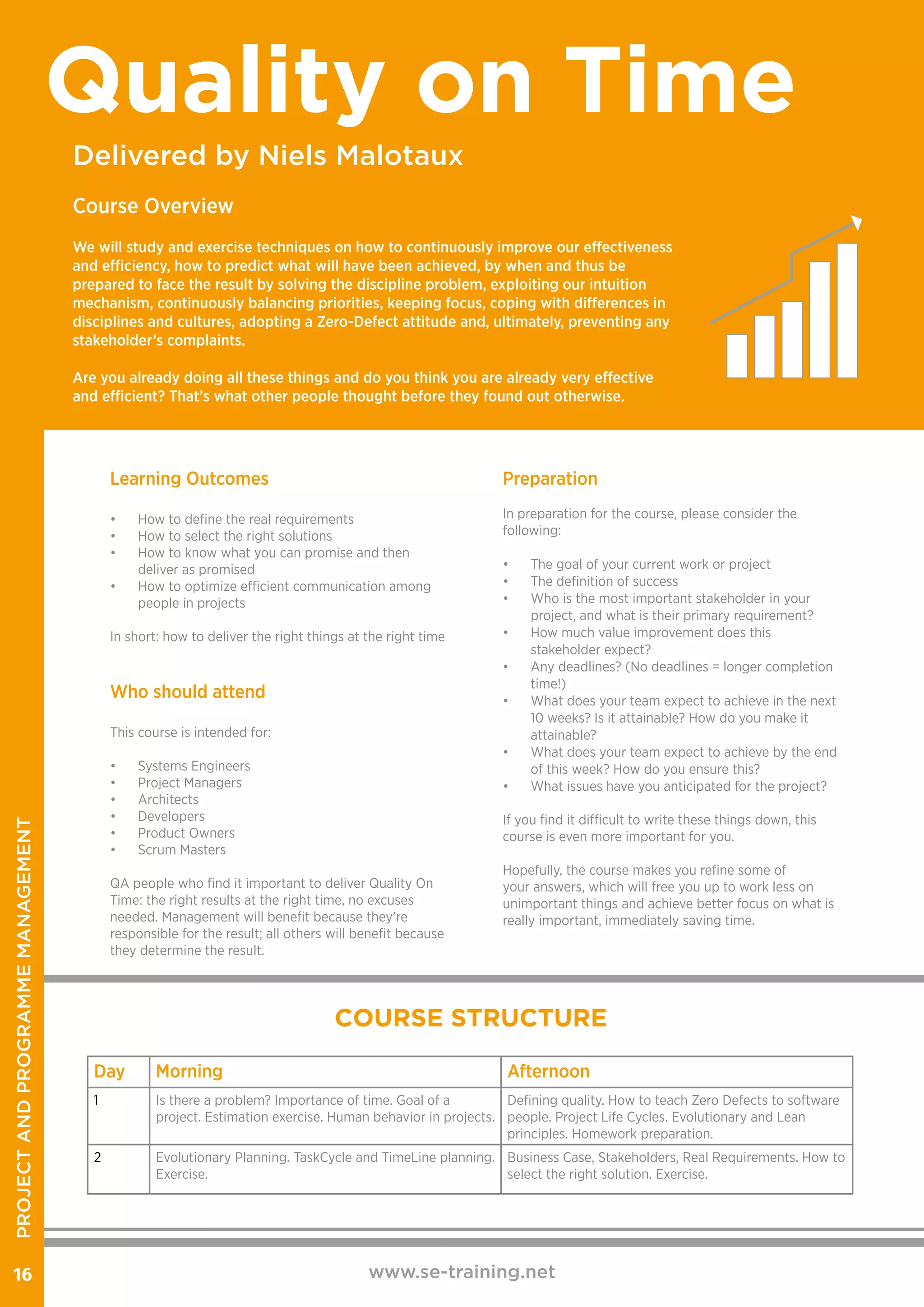 Delivered by Niels Malotaux
www.se-training.net16
Quality on Time
Learning Outcomes
•	 How to define the real requirements
•	 How to select the right solutions
•	 How to know what you can promise and then
deliver as promised
•	 How to optimize efficient communication among
people in projects
In short: how to deliver the right things at the right time
Course Overview
We will study and exercise techniques on how to continuously improve our effectiveness
and efficiency, how to predict what will have been achieved, by when and thus be
prepared to face the result by solving the discipline problem, exploiting our intuition
mechanism, continuously balancing priorities, keeping focus, coping with differences in
disciplines and cultures, adopting a Zero-Defect attitude and, ultimately, preventing any
stakeholder’s complaints.
Are you already doing all these things and do you think you are already very effective
and efficient? That’s what other people thought before they found out otherwise.
Who should attend
This course is intended for:
•	 Systems Engineers
•	 Project Managers
•	 Architects
•	 Developers
•	 Product Owners
•	 Scrum Masters
QA people who find it important to deliver Quality On
Time: the right results at the right time, no excuses
needed. Management will benefit because they’re
responsible for the result; all others will benefit because
they determine the result.
Day Morning Afternoon
1 Is there a problem? Importance of time. Goal of a
project. Estimation exercise. Human behavior in projects.
Defining quality. How to teach Zero Defects to software
people. Project Life Cycles. Evolutionary and Lean
principles. Homework preparation.
2 Evolutionary Planning. TaskCycle and TimeLine planning.
Exercise.
Business Case, Stakeholders, Real Requirements. How to
select the right solution. Exercise.
COURSE STRUCTURE
Preparation
In preparation for the course, please consider the
following:
•	 The goal of your current work or project
•	 The definition of success
•	 Who is the most important stakeholder in your
project, and what is their primary requirement?
•	 How much value improvement does this
stakeholder expect?
•	 Any deadlines? (No deadlines = longer completion
time!)
•	 What does your team expect to achieve in the next
10 weeks? Is it attainable? How do you make it
attainable?
•	 What does your team expect to achieve by the end
of this week? How do you ensure this?
•	 What issues have you anticipated for the project?
If you find it difficult to write these things down, this
course is even more important for you.
Hopefully, the course makes you refine some of
your answers, which will free you up to work less on
unimportant things and achieve better focus on what is
really important, immediately saving time.
PROJECTANDPROGRAMMEMANAGEMENT
 