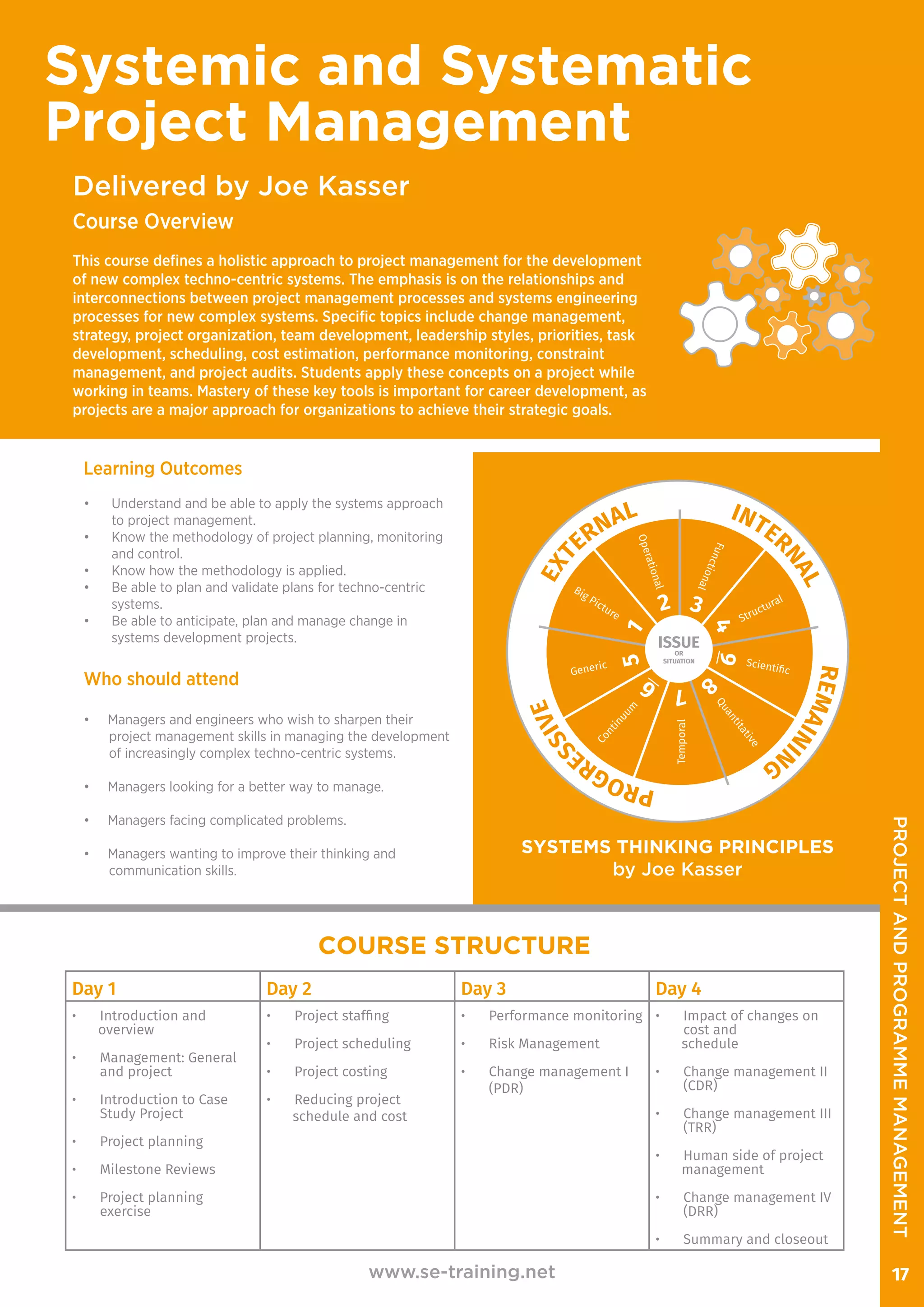 Delivered by Joe Kasser
Systemic and Systematic
Project Management
Course Overview
This course defines a holistic approach to project management for the development
of new complex techno-centric systems. The emphasis is on the relationships and
interconnections between project management processes and systems engineering
processes for new complex systems. Specific topics include change management,
strategy, project organization, team development, leadership styles, priorities, task
development, scheduling, cost estimation, performance monitoring, constraint
management, and project audits. Students apply these concepts on a project while
working in teams. Mastery of these key tools is important for career development, as
projects are a major approach for organizations to achieve their strategic goals.
www.se-training.net 17
Learning Outcomes
•	 Understand and be able to apply the systems approach
to project management.
•	 Know the methodology of project planning, monitoring
and control.
•	 Know how the methodology is applied.
•	 Be able to plan and validate plans for techno-centric
systems.
•	 Be able to anticipate, plan and manage change in
systems development projects.
Who should attend
• Managers and engineers who wish to sharpen their
project management skills in managing the development
of increasingly complex techno-centric systems.
• Managers looking for a better way to manage.
• Managers facing complicated problems.
• Managers wanting to improve their thinking and
communication skills.
Day 1 Day 2 Day 3 Day 4
•	 Introduction and
overview
•	 Management: General
and project
•	 Introduction to Case
Study Project
•	 Project planning
•	 Milestone Reviews
•	 Project planning
exercise
•	 Project staffing
•	 Project scheduling
•	 Project costing
•	 Reducing project
schedule and cost
•	 Performance monitoring
•	 Risk Management
•	 Change management I
(PDR)
•	 Impact of changes on
cost and
schedule
•	 Change management II
(CDR)
•	 Change management III
(TRR)
•	 Human side of project
management
•	 Change management IV
(DRR)
•	 Summary and closeout
COURSE STRUCTURE
SYSTEMS THINKING PRINCIPLES
by Joe Kasser
ISSUEOR
SITUATION
EXT
ERNAL INTER
NAL
REMAINI
NG
PROGRE
SSIVE
1
2 3
4
5
6 7
8
9
Big Picture
Operational
Functional
Structural
Generic
Continuum
Temporal
Quantitative
Scientiﬁc
PROJECTANDPROGRAMMEMANAGEMENT
 
