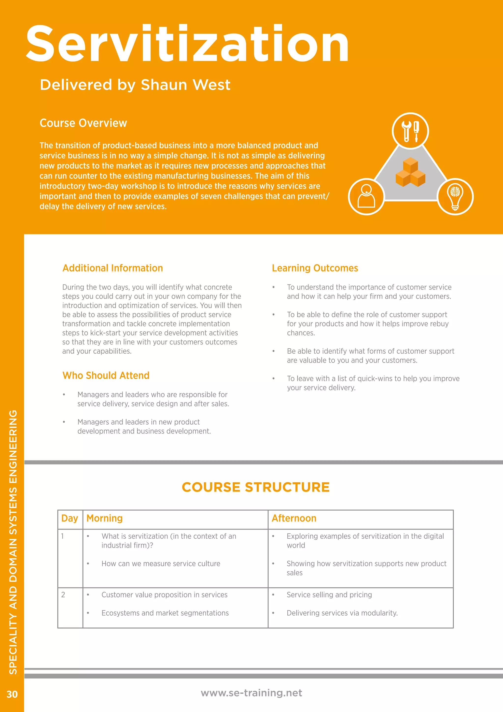 Additional Information
During the two days, you will identify what concrete
steps you could carry out in your own company for the
introduction and optimization of services. You will then
be able to assess the possibilities of product service
transformation and tackle concrete implementation
steps to kick-start your service development activities
so that they are in line with your customers outcomes
and your capabilities.
Learning Outcomes
•	 To understand the importance of customer service
and how it can help your firm and your customers.
•	 To be able to define the role of customer support
for your products and how it helps improve rebuy
chances.
•	 Be able to identify what forms of customer support
are valuable to you and your customers.
•	 To leave with a list of quick-wins to help you improve
your service delivery.
Who Should Attend
•	 Managers and leaders who are responsible for
service delivery, service design and after sales.
•	 Managers and leaders in new product
development and business development.
www.se-training.net30
SPECIALITYANDDOMAINSYSTEMSENGINEERING
Delivered by Shaun West
Servitization
Course Overview
The transition of product-based business into a more balanced product and
service business is in no way a simple change. It is not as simple as delivering
new products to the market as it requires new processes and approaches that
can run counter to the existing manufacturing businesses. The aim of this
introductory two-day workshop is to introduce the reasons why services are
important and then to provide examples of seven challenges that can prevent/
delay the delivery of new services.
Day Morning Afternoon
1 •	 What is servitization (in the context of an
industrial firm)?
•	 How can we measure service culture
•	 Exploring examples of servitization in the digital
world
•	 Showing how servitization supports new product
sales
2 •	 Customer value proposition in services
•	 Ecosystems and market segmentations
•	 Service selling and pricing
•	 Delivering services via modularity.
COURSE STRUCTURE
 