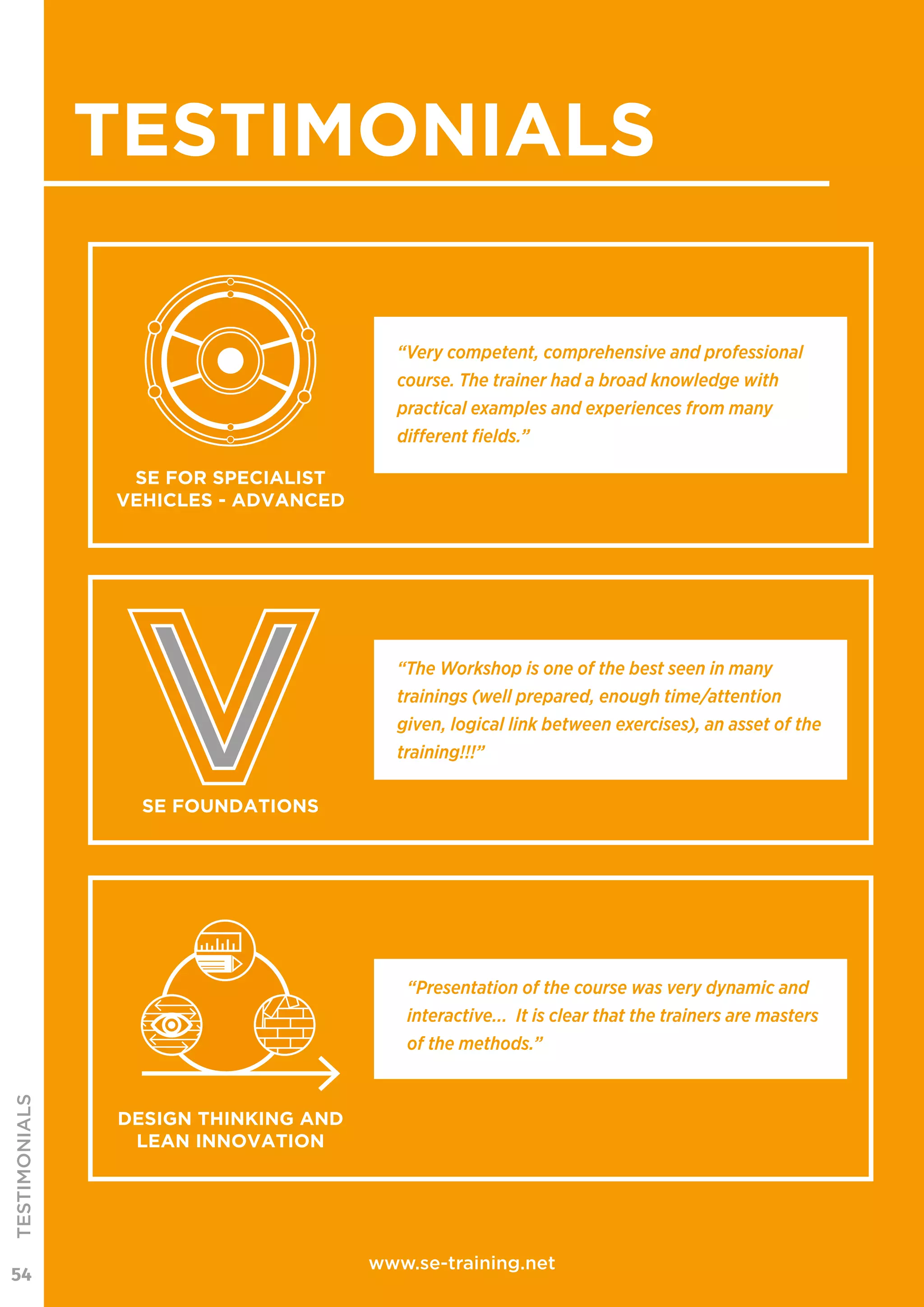 54
TESTIMONIALS
www.se-training.net
TESTIMONIALS
“Very competent, comprehensive and professional
course. The trainer had a broad knowledge with
practical examples and experiences from many
different fields.”
SE FOR SPECIALIST
VEHICLES - ADVANCED
“The Workshop is one of the best seen in many
trainings (well prepared, enough time/attention
given, logical link between exercises), an asset of the
training!!!”
SE FOUNDATIONS
“Presentation of the course was very dynamic and
interactive... It is clear that the trainers are masters
of the methods.”
DESIGN THINKING AND
LEAN INNOVATION
 