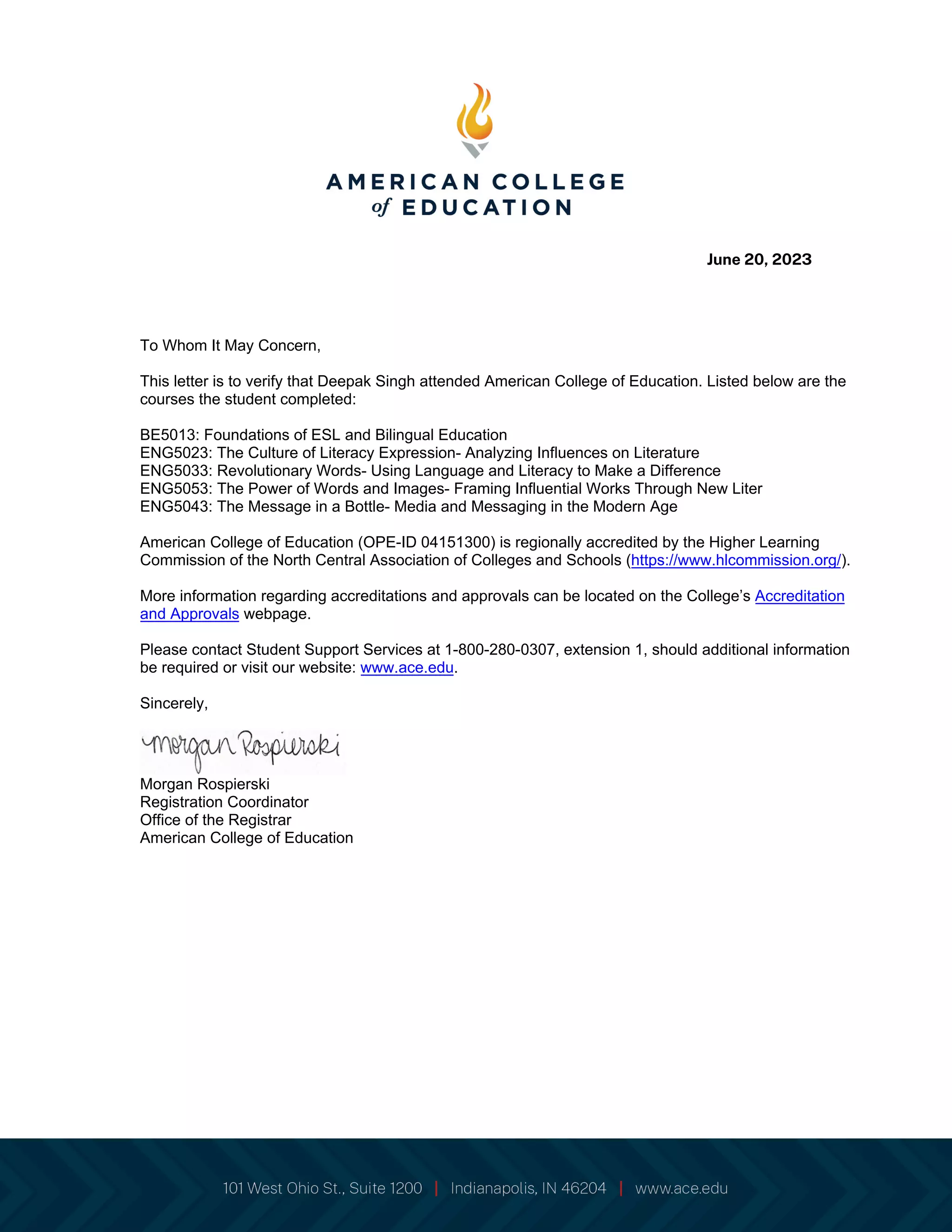 Courses Completed at the American College of Education by Deepak (Danny