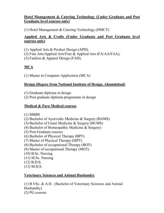 Hotel Management & Catering Technology (Under Graduate and Post
Graduate level courses only)
(1) Hotel Management & Catering Technology (HMCT)
Applied Arts & Crafts (Under Graduate and Post Graduate level
courses only)
(1) Applied Arts & Product Design (APD),
(2) Fine Arts/Applied Arts/Fine & Applied Arts (FA/AA/FAA),
(3) Fashion & Apparel Design (FAD).
MCA
(1) Master in Computer Application (MCA)
Design (Degree from National Institute of Design, Ahamdabad)
(1) Graduate diploma in design
(2) Post graduate diploma programme in design
Medical & Para Medical courses
(1) MBBS
(2) Bachelor of Ayurvedic Medicine & Surgery (BAMS)
(3) Bachelor of Unani Medicine & Surgery (BUMS)
(4) Bachelor of Homeopathic Medicine & Surgery)
(5) Post Graduate courses
(6) Bachelor of Physical Therapy (BPT)
(7) Master of Physical Therapy (MPT)
(8) Bachelor of occupational Therapy (BOT)
(9) Master of occupational Therapy (MOT)
(10) B.Sc. Nursing
(11) M.Sc. Nursing
(12) B.D.S.
(13) M.D.S.
Veterinary Sciences and Animal Husbandry
(1) B.VSc. & A.H. (Bachelor of Veterinary Sciences and Animal
Husbandry)
(2) PG courses
 