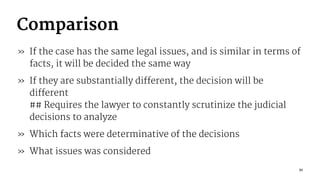 Comparison
» If the case has the same legal issues, and is similar in terms of
facts, it will be decided the same way
» If they are substantially different, the decision will be
different
## Requires the lawyer to constantly scrutinize the judicial
decisions to analyze
» Which facts were determinative of the decisions
» What issues was considered
21
 