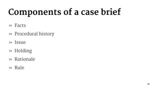 Components of a case brief
» Facts
» Procedural history
» Issue
» Holding
» Rationale
» Rule
28
 
