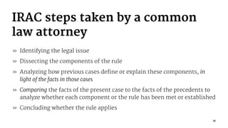 IRAC steps taken by a common
law attorney
» Identifying the legal issue
» Dissecting the components of the rule
» Analyzing how previous cases define or explain these components, in
light of the facts in those cases
» Comparing the facts of the present case to the facts of the precedents to
analyze whether each component or the rule has been met or established
» Concluding whether the rule applies
36
 