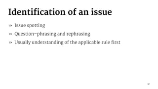 Identification of an issue
» Issue spotting
» Question–phrasing and rephrasing
» Usually understanding of the applicable rule first
37
 